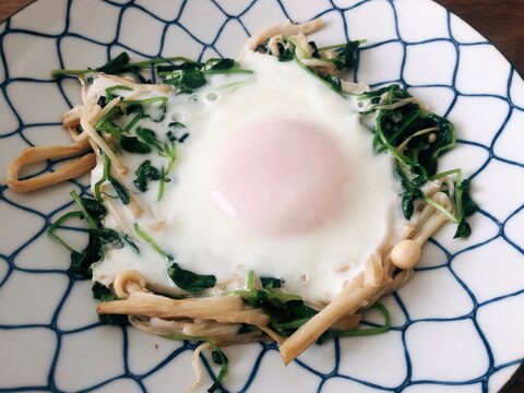 目玉焼きアレンジレシピ　えのきと豆苗の中華炒め